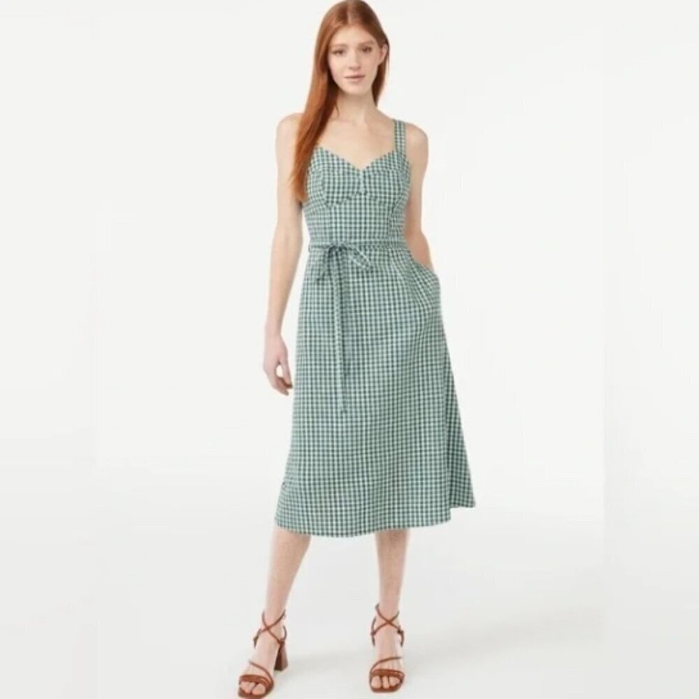 Free Assembly Green White Gingham Check Dress A-Line Tank Top Belted Size Small